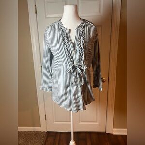 Gilly Hicks Women's Size Large Blue Striped Blouse Ruffles V Neck